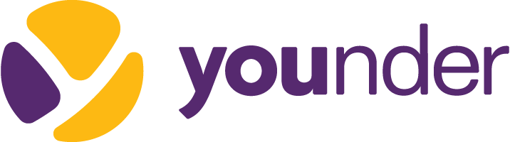 Logotipo Younder na versão horizontal nas cores amarelo e roxo